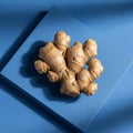 Ginger root Zingiber officinale rests on a blue square surface Royalty Free Stock Photo