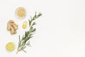 Ginger, rosemary sprig and lime. Alternative cold and flu remedy Royalty Free Stock Photo