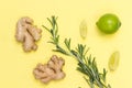 Ginger, rosemary sprig and lime Royalty Free Stock Photo