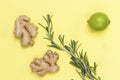 Ginger, rosemary sprig and lime Royalty Free Stock Photo