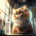 A ginger scientist cat in glasses looking through a window in a laboratory. Created with Generative AI