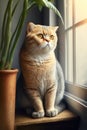 Ginger scottish fold cat sitting on yellow sofa near a green potted Royalty Free Stock Photo