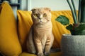 Ginger scottish fold cat sitting on yellow sofa near a green potted Royalty Free Stock Photo