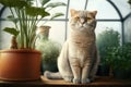 Ginger scottish fold cat sitting on yellow sofa near a green potted Royalty Free Stock Photo