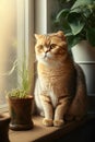 Ginger scottish fold cat sitting on yellow sofa near a green potted Royalty Free Stock Photo