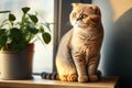 Ginger scottish fold cat sitting on yellow sofa near a green potted Royalty Free Stock Photo