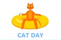 A ginger, self-satisfied cat, with a glass of milk in its paw, on an inflatable circle, enjoys the moment