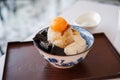 Ginger shaved ice with toppings, grass jelly, tofu pudding..