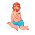 Ginger shirtless man in boxers. Pin-up male with vintage tattoo