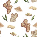Ginger slice and leaf seamless pattern on white background. illustration