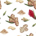 Ginger slice and leaf seamless pattern on white background. illustration