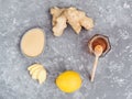 Ginger slice, root, powder, lemon, honey