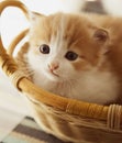 Ginger small kitten in a basket