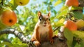 Ginger Squirrel Foraging for Apples on Tree Branches in a Bright Green Orchard Background Royalty Free Stock Photo