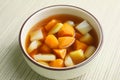 Ginger sweet potato soup in white bowl in restaurant