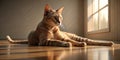 A ginger tabby cat basks in the warm sunlight streaming through a window, relaxed and content on a hardwood floor, a peaceful Royalty Free Stock Photo