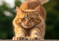 Ginger tabby cat stretching with its front paws extended forward. The cat has a thick, fluffy coat Royalty Free Stock Photo