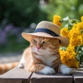 ginger tabby cat wearing a straw sunhat with navy blue ribbon, summery