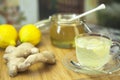 Ginger tea and ingredients - lemon, cinnamon, honey, rustic background