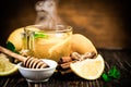 Ginger tea and ingredients - lemon, cinnamon, honey Royalty Free Stock Photo