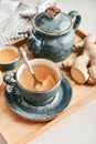 Ginger tea with lemon in a blue cup Royalty Free Stock Photo