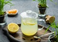 Ginger tea with lemon in a glass mug on a dark concrete background Royalty Free Stock Photo