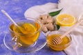 Ginger Tea Lemon Honey Blue Background Natural Tea Concept