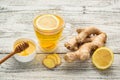 Ginger tea with lemon and honey on a white wooden background. Hot healthy winter drink Royalty Free Stock Photo