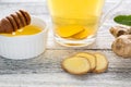 Ginger tea with lemon mint and honey on a white wooden background. Hot healthy winter drink Royalty Free Stock Photo