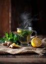 Ginger tea lemon mint hot drink glass cup herbal tea steam rustic Warming ginger tea with lemon and mint glass cup rustic Royalty Free Stock Photo