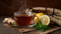 Ginger tea lemon mint steam glass cup on rustic table creating cozy relaxing mood Royalty Free Stock Photo