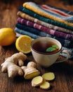 Ginger tea lemon mint warm drink comfort concept Royalty Free Stock Photo