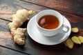 Ginger Tea, warm healthy diet drinks. wooden rustic background
