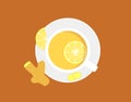 Ginger tea in a white cup and ginger root with lemon. Warming drink to strengthen the immune system. Top view. Flat vector Royalty Free Stock Photo