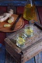 Ginger tincture or ale on wooden background. Spice yellow liqueur in a glass. Homemade Alcohol drink. Rustic style Royalty Free Stock Photo