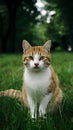 Ginger and white stray cat enjoys leisurely day in park