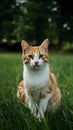 Ginger and white stray cat enjoys leisurely day in park