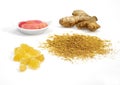 Ginger, zingiber officinale, Powder, Root, Marinated and Crystallised against White background Royalty Free Stock Photo