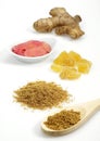 Ginger, zingiber officinale, Powder, Root, Marinated and Crystallised against White background Royalty Free Stock Photo