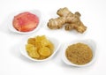 Ginger, zingiber officinale, Powder, Root, Marinated and Crystallised against White background Royalty Free Stock Photo