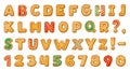 Gingerbread alphabet. Biscuit letters and numbers text communication, xmas cookie font tasty ginger bread typography