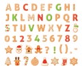 Gingerbread alphabet. Merry christmas and happy new year figures decorated sugar glazed english letters, numbers, abc Royalty Free Stock Photo