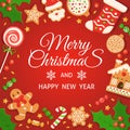 Gingerbread background. Merry christmas and happy new year poster with gingerbreads, cane candy and lollipop, gifts and