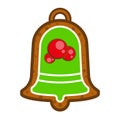 Gingerbread bell with mistletoe berries, vector illustration. Christmas pastry