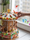 A gingerbread carousel and some Christmas decoration elements on a white wooden surface