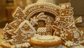 Gingerbread christmas candlestick with funny christmas sign, tree with church, houses, piggy and snowman cake beautiful