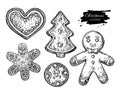 Gingerbread Christmas cookies decorated with icing. Hand drawn Royalty Free Stock Photo