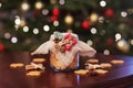 Gingerbread Christmas cookies  in the glass jar.  Christmas spices and decor close up. Festive background with bokeh and light. Royalty Free Stock Photo