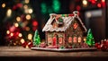 a gingerbread christmas house next to christmas repetitivers and lights Royalty Free Stock Photo