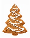 Gingerbread Christmas Tree Cookie Decorated with White Icing on White Background Royalty Free Stock Photo